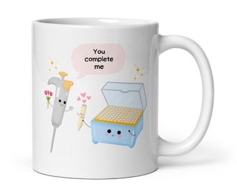 You Complete Me Mug, Pipette and Tip, Gift for Biology Teacher Researcher STEM Student Scientist Lab technician, Fun Present, 11oz