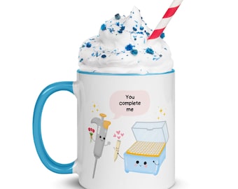 Colour - You Complete Me Mug, Pipette and Tip, Gift for Biology Teacher Researcher STEM Student Scientist Lab technician, Fun Present, 11oz