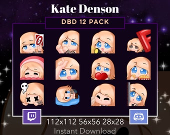 Kate Denson, DBD, Emote 12 Pack, Bundle Twitch,Uno,Fight Me,Flashlight,F,Blanket,Loser,Love,Popcorn, Discord,Dead By DayLight,Horror,Scary,