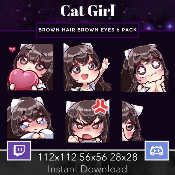 Cat Girl Pack Set Emote, Twitch, Discord, Stream, Manga, Anime, Chibi, Dark Brown Hair Eyes, Kawaii , Wave, Love, Amazed, Sad, Mad, Lurk