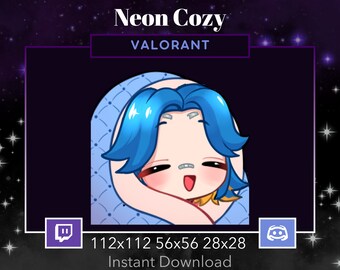 Valorant Neon Emote Cozy, Blanket. Twitch, Discord, Stream, Blue hair, Brown Eyes