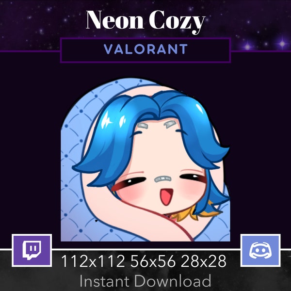 Valorant Neon Emote Cozy, Blanket. Twitch, Discord, Stream, Blue hair, Brown Eyes