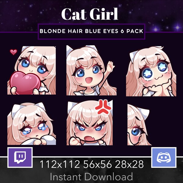 Cat Girl Pack Set Emote, Twitch, Discord, Stream, Manga, Anime, Chibi, Blonde Hair Blue Eyes, Kawaii , Wave, Love, Amazed, Sad, Mad, Lurk