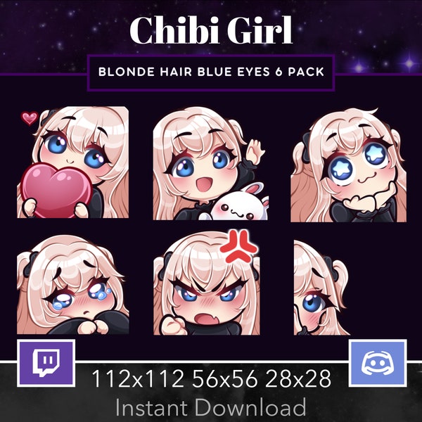 Chibi Girl Pack Set Emote, Twitch, Discord, Stream, Manga, Anime, Blonde Hair, Blue Eyes, Kawaii , Wave, Love, Amazed, Sad, Mad, Lurk