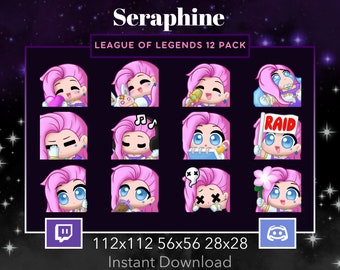 League Of Legends, Seraphine, 12 Pack, Set,Love, Hug,Singing,Crying,Facepalm,Music,Vibe,Noted,Raid,Lurk,Boba Tea, Twitch, Discord, Stream