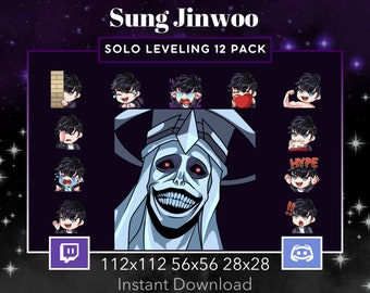 Solo Leveling Sung Jinwoo Emote 12 Pack, Bundle for Twitch, Discord. Anime, Manga, Lurk, Amazed, Cry,  Popcorn, black hair boy,  Blue eyes