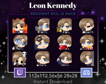 Leon Kennedy, Resident Evil, DBD, Emote 12 Pack, Bundle Twitch,Fine Fire Meme,Gun,Flashlight,Facepalm,Love,Loser,Popcorn,Dead,Lurk,Think