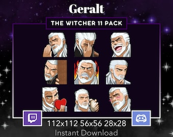 Geralt The Witcher Emote 11 Pack, Bundle, Twitch, Discord, Stream, Wave, Love, Raging, Hmm, Toss a coin, Cozy, Lurk, Heart, Blush