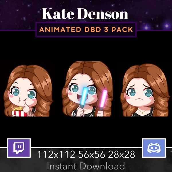 Kate Denson DBD Animated Emote 3 Pack, Bundle Twitch, Discord. Dead By DayLight, Horror, Scary, Stream, Popcorn, GlowStick, Hype, Cry, Sad