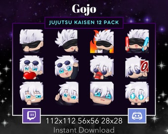 Jujutsu Kaisen Gojo Emote 12 Pack, Bundle for Twitch, Discord. Anime, Manga, Blue eyes, White hair, Love, Hi. Hype, Amazed, Laugh, Uno, Cola