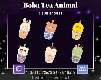 Boba Tea Animals Loyalty Sub Bit Badges, Twitch, Discord, Emote, Kawaii , Stream Assets, Bunny, Bear, Duck, Panda, Penguin, Frog, Cute