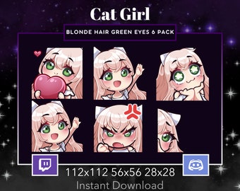 Cat Girl Pack Set Emote, Twitch, Discord, Stream, Manga, Anime, Chibi, Blonde Hair, Green Eyes, Kawaii , Wave, Love, Amazed, Sad, Mad, Lurk