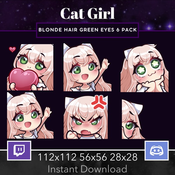 Cat Girl Pack Set Emote, Twitch, Discord, Stream, Manga, Anime, Chibi, Blonde Hair, Green Eyes, Kawaii , Wave, Love, Amazed, Sad, Mad, Lurk