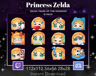 Princess Zelda, Tears Of The Kingdom Pack, Set, Emote,Twitch, Discord, Stream, Wave, Love, Loading, Comfy, Raging, Noted, Vibing, Knife, Uno