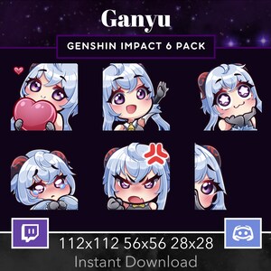 Genshin Impact Ganyu Pack Set Emote, Twitch, Discord, Stream, Chibi, Blue Hair, Purple Eyes, Kawaii , Wave, Love, Amazed, Sad, Mad, Lurk zdjęcie 1