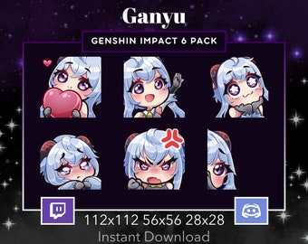 Genshin Impact Ganyu Pack Set Emote, Twitch, Discord, Stream, Chibi, Cabello Azul, Ojos Púrpuras, Kawaii, Ola, Amor, Asombrado, Triste, Loco, Acecha