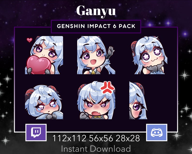 Genshin Impact Ganyu Pack Set Emote, Twitch, Discord, Stream, Chibi, Blue Hair, Purple Eyes, Kawaii , Wave, Love, Amazed, Sad, Mad, Lurk zdjęcie 1
