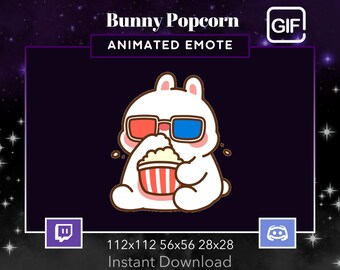 Bunny Eating Popcorn, 3D Glasses, Animated, Gif, Twitch, Discord, Stream, Emote, Kawaii, Cute, Animal, Funny, Meme,