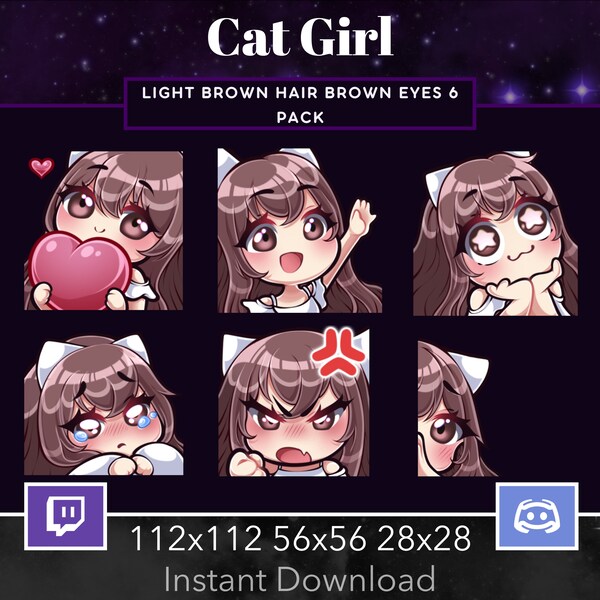 Cat Girl Pack Set Emote, Twitch, Discord, Stream, Manga, Anime, Chibi, Light Brown Hair Eyes, Kawaii , Wave, Love, Amazed, Sad, Mad, Lurk