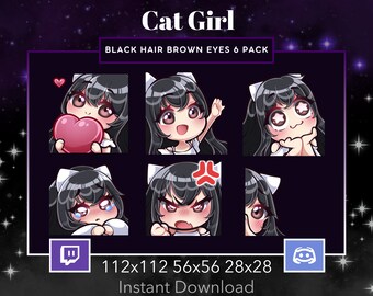 Cat Girl Pack Set Emote, Twitch, Discord, Stream, Manga, Anime, Chibi, Black Hair Brown Eyes, Kawaii , Wave, Love, Amazed, Sad, Mad, Lurk