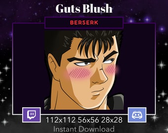 Berserk Guts Blush Emote for Twitch, Discord. Anime, Manga, Black Hair, Brown Eyes