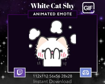 Animated White Cat Shy, Embarrassed, Flushed ,Gif, Twitch, Discord, Stream, Emote, Kawaii, Cute, Animal,