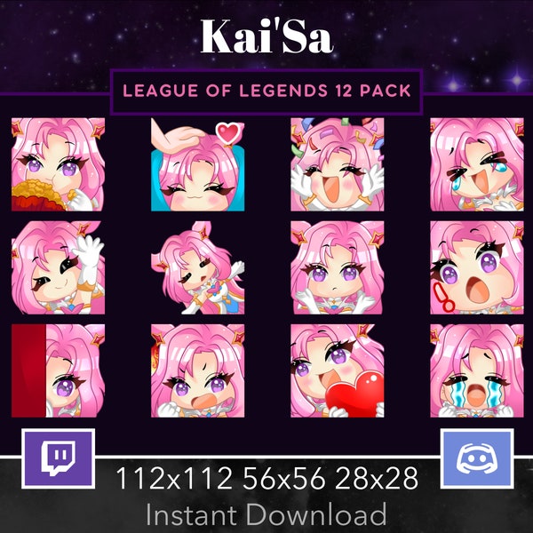 League of Legends Kai'Sa Emote 12 Pack, Bundle Twitch, Discord. Lurk, Popcorn, Hi, Hype, Wow, Cry, Mad, Love, Heart, Dead, Cozy