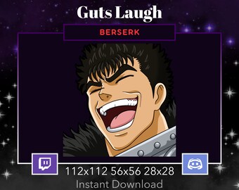 Beserk Guts Laugh, Lol Emote for Twitch, Discord. Anime, Manga, Black Hair, Brown Eyes