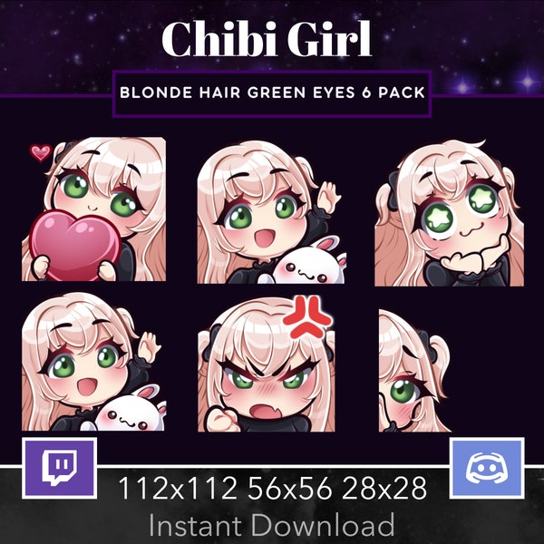 Chibi Girl Pack Set Emote, Twitch, Discord, Stream, Manga, Anime, Blonde Hair, Green Eyes, Kawaii , Wave, Love, Amazed, Sad, Mad, Lurk