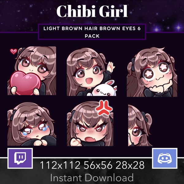Chibi Girl Pack Set Emote, Twitch, Discord, Stream, Manga, Anime,Light Brown Hair, Brown Eyes, Kawaii , Wave, Love, Amazed, Sad, Mad, Lurk