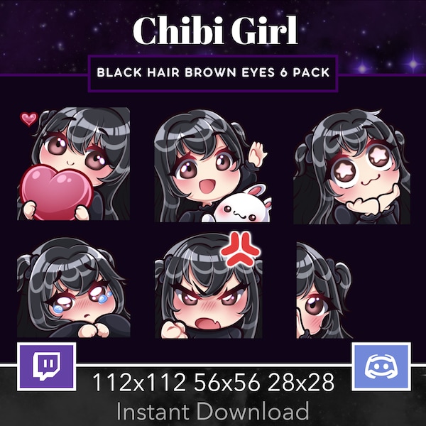 Chibi Girl Pack Set Emote, Twitch, Discord, Stream, Manga, Anime, Black Hair, Brown Eyes, Kawaii , Wave, Love, Amazed, Sad, Mad, Lurk