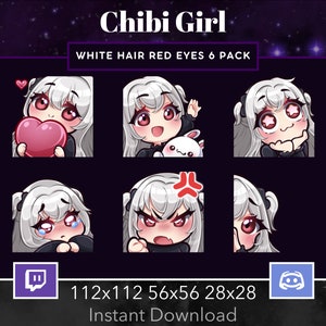 Chibi Girl Pack Set Emote, Twitch, Discord, Stream, Manga, Anime, White Hair, Red Eyes, Kawaii , Wave, Love, Amazed, Sad, Mad, Lurk zdjęcie 1