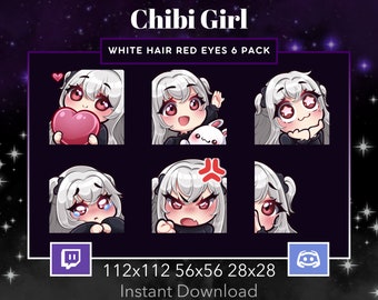 Chibi Girl Pack Set Emote, Twitch, Discord, Stream, Manga, Anime, Cabello Blanco, Ojos Rojos, Kawaii, Ola, Amor, Asombrado, Triste, Loco, Acecha