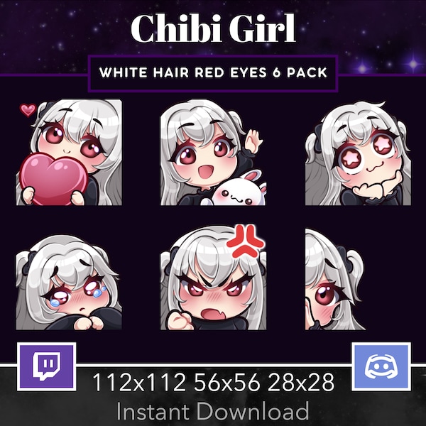Chibi Girl Pack Set Emote, Twitch, Discord, Stream, Manga, Anime, White Hair, Red Eyes, Kawaii , Wave, Love, Amazed, Sad, Mad, Lurk