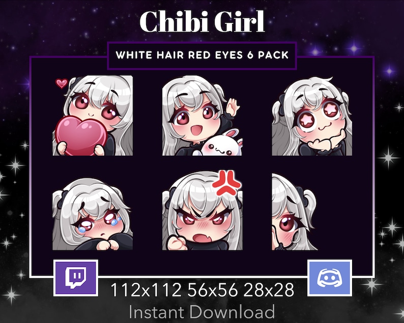 Chibi Girl Pack Set Emote, Twitch, Discord, Stream, Manga, Anime, White Hair, Red Eyes, Kawaii , Wave, Love, Amazed, Sad, Mad, Lurk zdjęcie 1