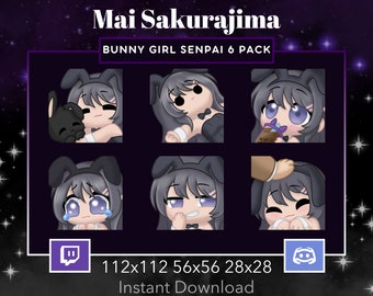 Bunny Girl Senpai Mai Pack Set Emote, Twitch, Discord, Stream, Manga, Anime, Chibi, Hug, Dead, Boba Tea, Sad, Giggle, Headpat,