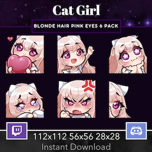 Cat Girl Pack Set Emote, Twitch, Discord, Stream, Manga, Anime, Chibi, Blond haar, Roze Ogen, Kawaii, Golf, Liefde, Verbaasd, Verdrietig, Gek, Op de Loer afbeelding 1
