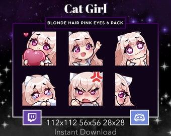 Cat Girl Pack Set Emote, Twitch, Discord, Stream, Manga, Anime, Chibi, Cabello Rubio, Ojos Rosados, Kawaii, Ola, Amor, Asombrado, Triste, Loco, Acecha