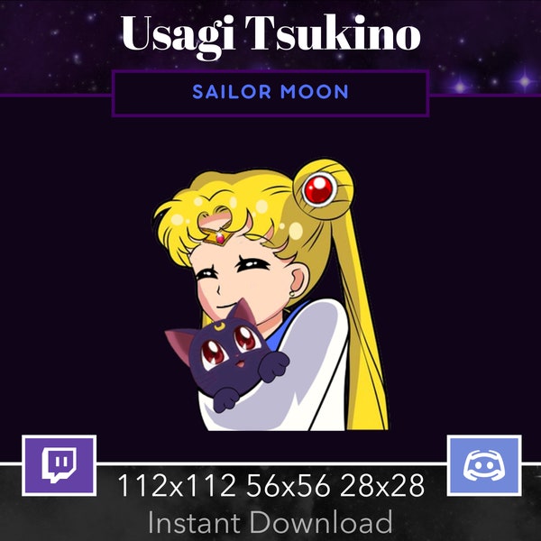 Sailor Moon Emote, Twitch, Discord, Stream, Manga, Anime, Chibi, Blonde Hair, Blue Eyes, Kawaii , Luna The Cat, Hug, Love,