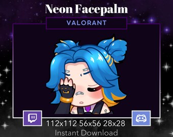 Valorant Neon Emote Facepalm, Gezichtspalm. Twitch, Discord, Stream, Blauw haar, Bruine ogen