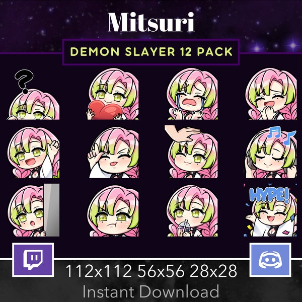 Mitsuri,Love Hashira,Pack de 12,Ensemble,Confused,Amour,Pleurs,Gloussements,Vague,Perdant,Tape dans la tête,Musique,Rurk,Emote,Twitch,Discord,Stream,Anime,Démon,Manga