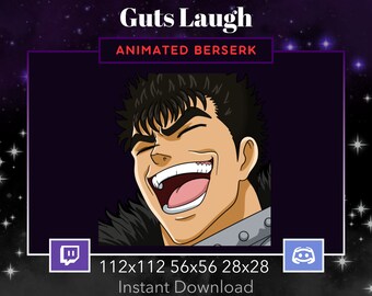 Berserk Guts Animated Laugh, Lol Emote for Twitch, Discord. Anime, Manga, Black Hair, Brown Eyes