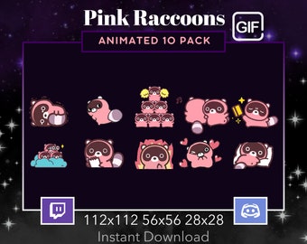 Animated Pink Raccoons, Dancing,Vibing ,Gif,Shake,Twerk,Roll,Cheer,Lurk,Twitch,Discord,Stream, Emote,Kawaii, Cute,Set,10 Pack, Animal,