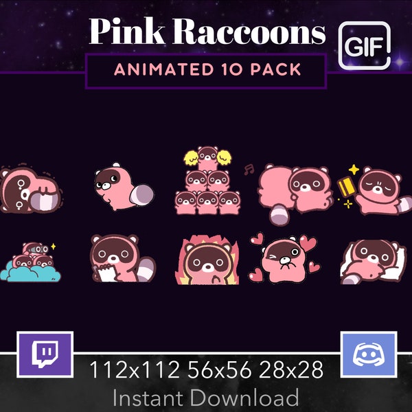 Animated Pink Raccoons, Dancing,Vibing ,Gif,Shake,Twerk,Roll,Cheer,Lurk,Twitch,Discord,Stream, Emote,Kawaii, Cute,Set,10 Pack, Animal,