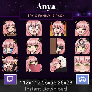 Spy x Family Anya Emote 12 Pack, Bundle for Twitch, Discord. Anime, Manga, Lurk, Amazed, Cry, hype, Love, Cozy Popcorn, Pink hair, Green eye image 1