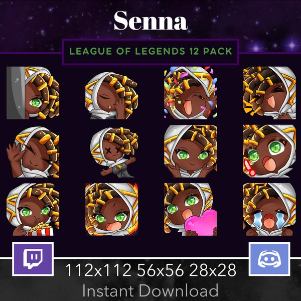 League of Legends Senna Emote 12 Pack, Bundle Twitch, Discord. Lurk, Popcorn, Hi, Hype, Wow, Cry, Mad, Love, Heart, Dead, Cozy