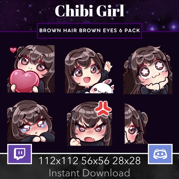 Chibi Girl Pack Set Emote, Twitch, Discord, Stream, Manga, Anime, Brown Hair, Brown Eyes, Kawaii , Wave, Love, Amazed, Sad, Mad, Lurk