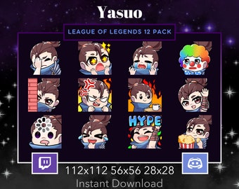 League Of Legends Yasuo Emote 12 Pack, Bundle for Twitch, Discord. Lurk, Amazed, Cry, hype, Loading, Popcorn, Rage, Hi, Lol, Clown, Facepalm