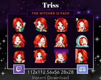 Triss The Witcher Emote 12 Pack, Bundle, Twitch, Discord, Stream, Wave, Love, Cry, Comfy, Raging, Cozy, Lurk, Heart, Flower, Geralt