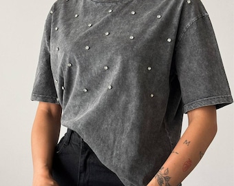 Vintage Washed Rhinestone T-Shirt: Comfort Colors Oversized Cotton Tee